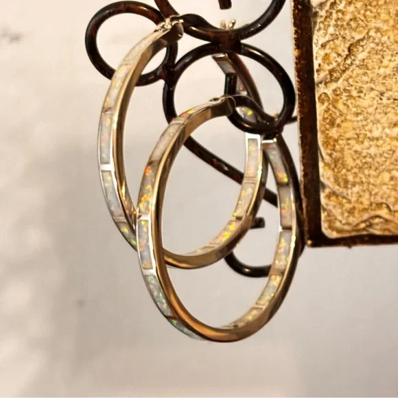 New Sterling Silver Iridescent Opal Hoop Earrings 925 - Picture 3 of 8